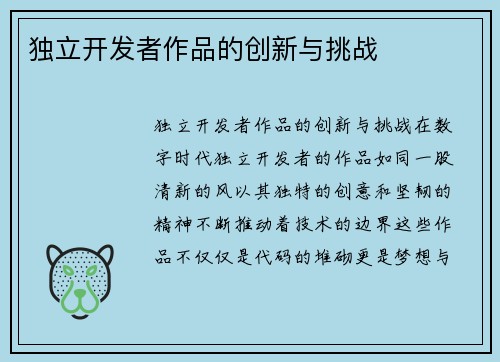 独立开发者作品的创新与挑战